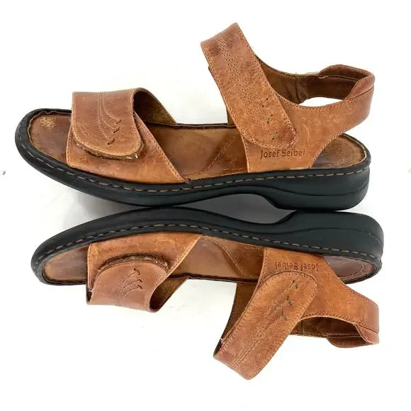 Josef Seibel Women's 8.5/39 Tan Leather Two Strap Flat Adjustable Summer Sandals - Picture 5 of 7